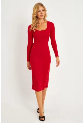 Kadın Kırmızı Kare Yaka Midi Elbise CG382