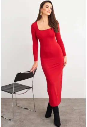 Kadın Kırmızı Kare Yaka Midi Elbise XC8102