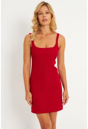 Kadın Kırmızı Kare Yaka Mini Elbise KED4291