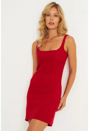 Kadın Kırmızı Kare Yaka Mini Elbise KED4291