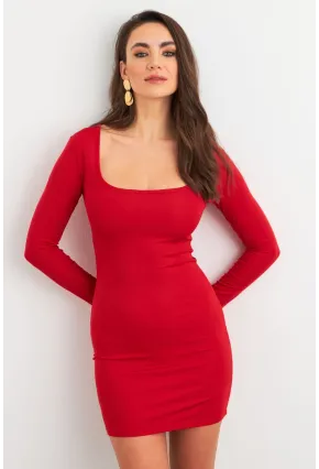 Kadın Kırmızı Kare Yaka Mini Elbise XC8100