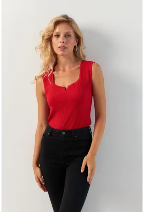 Kadın Kırmızı Kare Yaka Triko Bluz SMT243