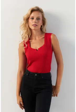 Kadın Kırmızı Kare Yaka Triko Bluz SMT243