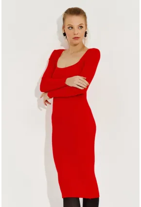 Kadın Kırmızı Kare Yaka Triko Midi Elbise SF2520