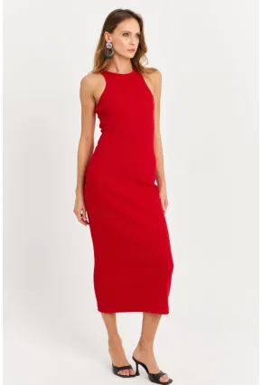 Kadın Kırmızı Kolsuz Kaşkorse Midi Elbise EY3049