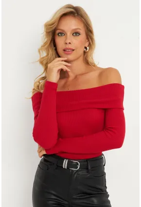 Kadın Kırmızı Madonna Yaka Kaşkorse Bluz XL2210