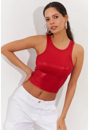 Kadın Kırmızı Metalik Crop Bluz LPP1218