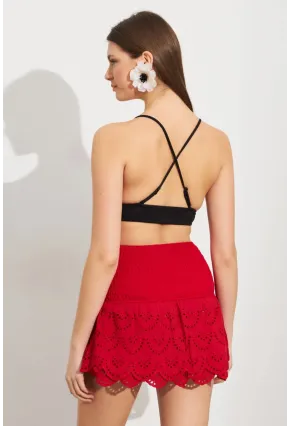 Kadın Kırmızı Nakışlı Mini Etek ZH111
