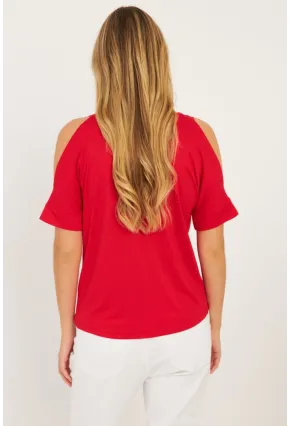 Kadın Kırmızı Omuzları Açık Bluz BR1329