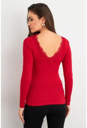Kadın Kırmızı Ön Arka V Dantelli Bluz AYD406