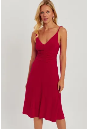 Kadın Kırmızı Önü Büzgülü Midi Elbise HO046