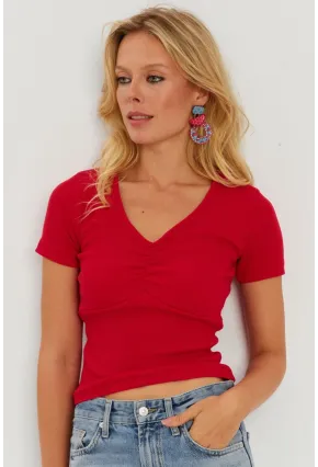 Kadın Kırmızı Önü Büzgülü V Yaka Bluz AYD309