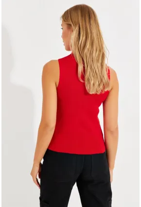 Kadın Kırmızı Önü Damla Kolsuz Triko Bluz YV112