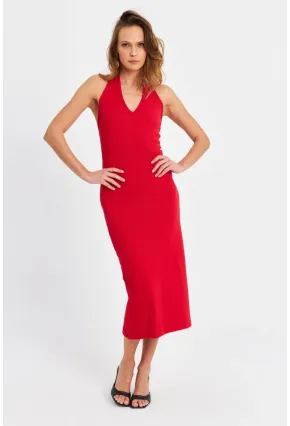 Kadın Kırmızı Pencereli Kaşkorse Midi Elbise EY3063