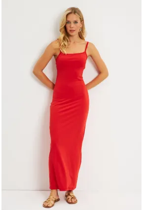 Kadın Kırmızı Sırt Dekolteli Midi Elbise EY2798