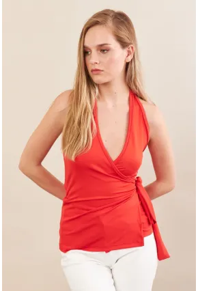 Kadın Kırmızı Sırtı Açık Kruvaze Bluz Ey3095