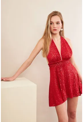 Kadın Kırmızı Sırtı Açık Payetli Astarlı Mini Elbise DCF046