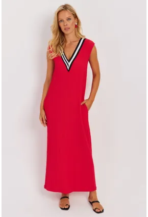 Kadın Kırmızı V Yaka Bloklu Maxi Elbise EY2779
