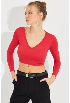 Kadın Kırmızı V Yaka Crop Bluz LPP1241