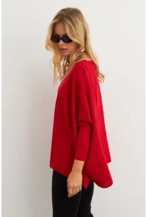 Kadın Kırmızı V Yaka Salaş Bluz YV304
