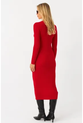 Kadın Kırmızı V Yaka Triko Midi Elbise MYİL560