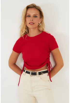 Kadın Kırmızı Yanları Büzgülü Kaşkorse Bluz AYD355