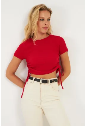 Kadın Kırmızı Yanları Büzgülü Kaşkorse Bluz AYD355
