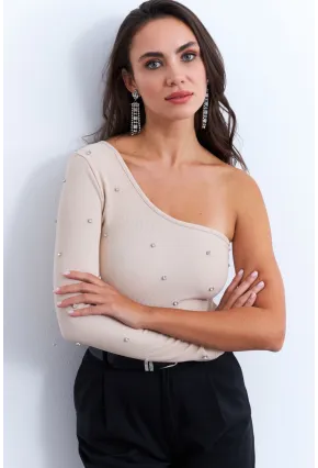 Kadın Krem Taşlı Tek Kol Crop Bluz HOL2
