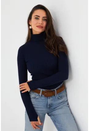 Kadın Lacivert Balıkçı Yaka Triko Bluz MYV102-90