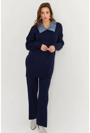 Kadın Lacivert Denim Yakalı İncili Alt Üst Triko Takım MNUV22