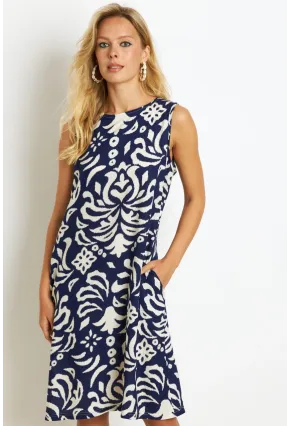 Kadın Lacivert Desenli Cepli Midi Elbise YZ1059