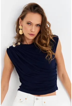 Kadın Lacivert Düğme Detaylı Büzgülü Bluz LPP1205-1