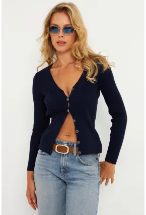 Kadın Lacivert Düğmeli Triko Hırka YV94