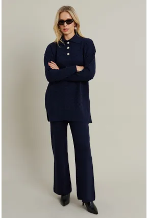 Kadın Lacivert İnci Düğmeli Triko Alt Üst Takım MNUV33