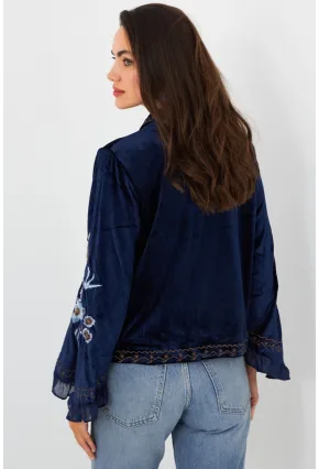 Kadın Lacivert İspanyol Kol Nakışlı Kadife Ceket QS5577