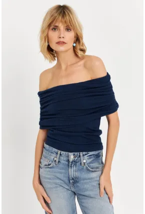 Kadın Lacivert Kolsuz Madonna Yaka Bluz TF51
