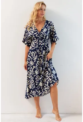 Kadın Lacivert Kruvaze Desenli Midi Elbise YZ1152