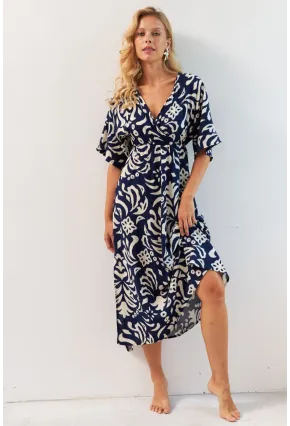 Kadın Lacivert Kruvaze Desenli Midi Elbise YZ1152