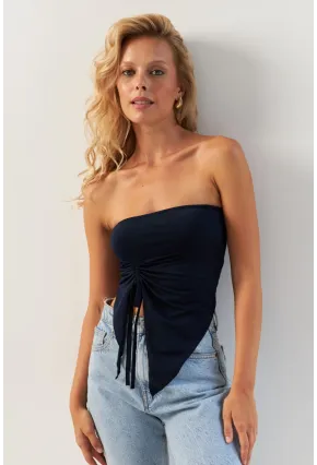 Kadın Lacivert Önü Büzgülü Crop Bluz MON138