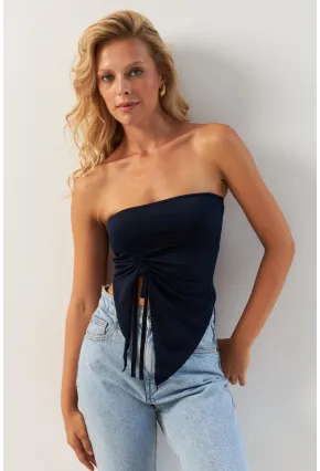 Kadın Lacivert Önü Büzgülü Crop Bluz MON138