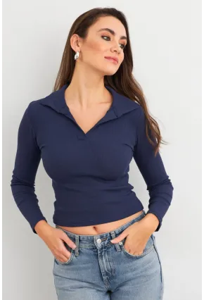 Kadın Lacivert Polo Yaka Kaşkorse Bluz LON3006