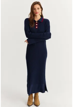Kadın Lacivert Polo Yaka Triko Maxi Elbise MNUV17