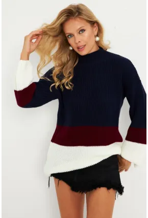 Kadın Lacivert Renk Bloklu Kazak YV277