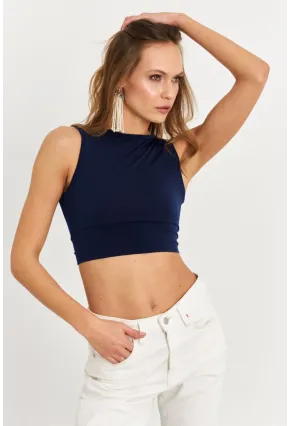 Kadın Lacivert Sırt Bağlamalı Crop Bluz EY2733