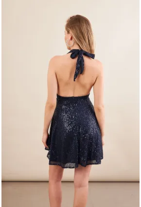 Kadın Lacivert Sırtı Açık Payetli Astarlı Mini Elbise DCF046