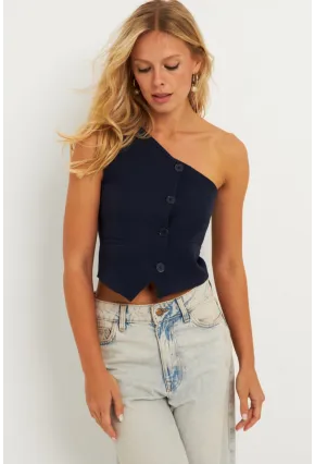 Kadın Lacivert Tek Omuz Astarlı Yelek TW60140