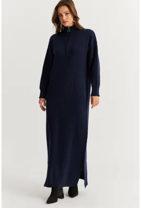 Kadın Lacivert Yakası Fermuarlı Triko Maxi Elbise MNUV10