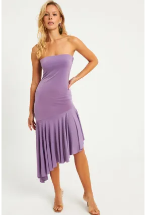 Kadın Lila Straplez Asimetrik Midi Elbise DMR337