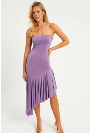 Kadın Lila Straplez Asimetrik Midi Elbise DMR337