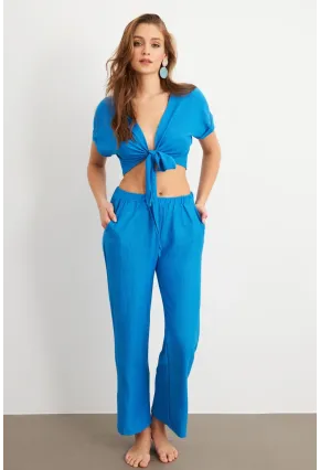 Kadın Mavi Bağlamalı Bürümcük Takım Q1012